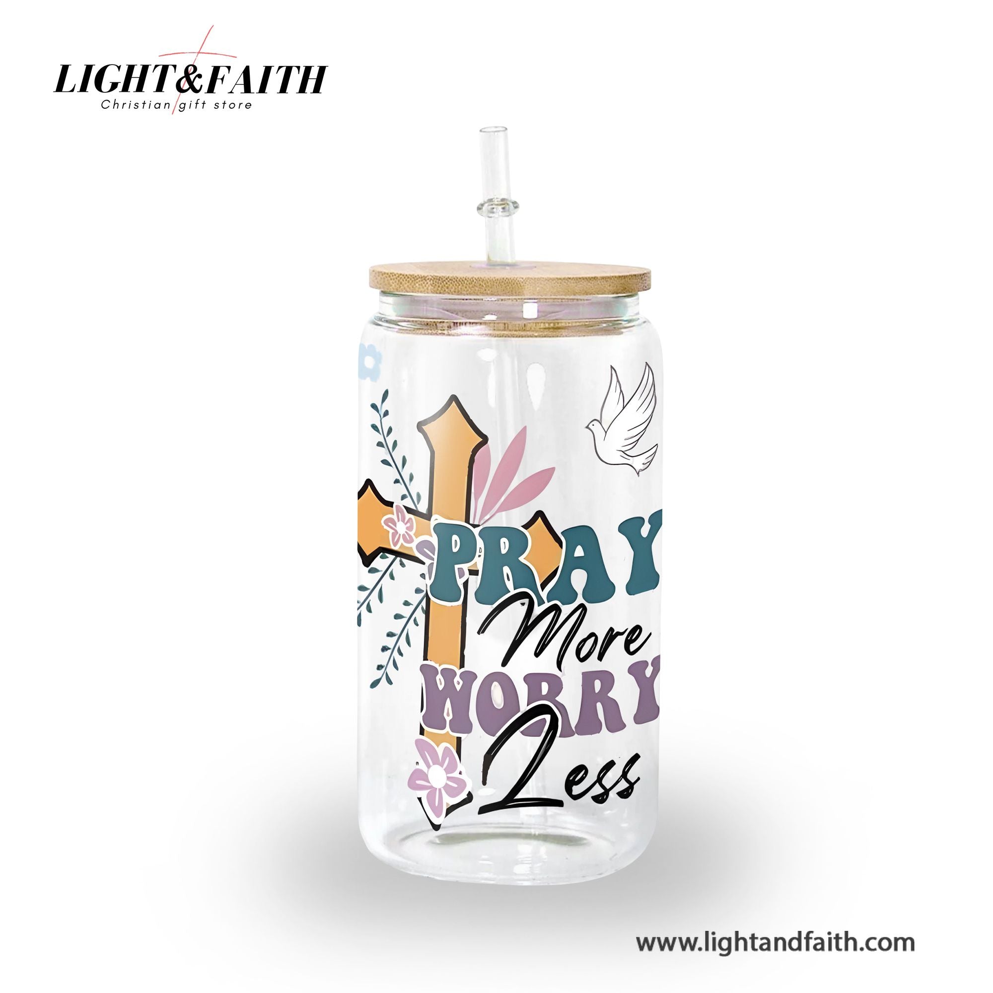 Christian Glass Can with Bamboo Lid and Straw, Pray More Worry Less Cup, Cross and Dove Scripture Iced Coffee Tumbler Gift GCLAF44